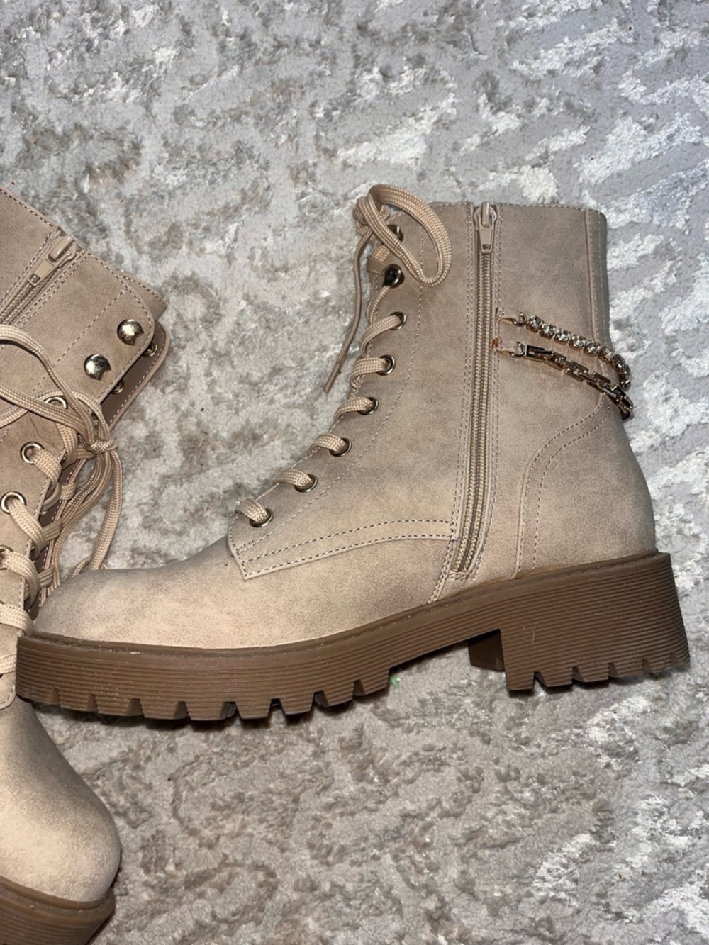 C Taupe Lace-Up Combat Boots with Chain & Rhinestone Accent - Picture 4 of 6